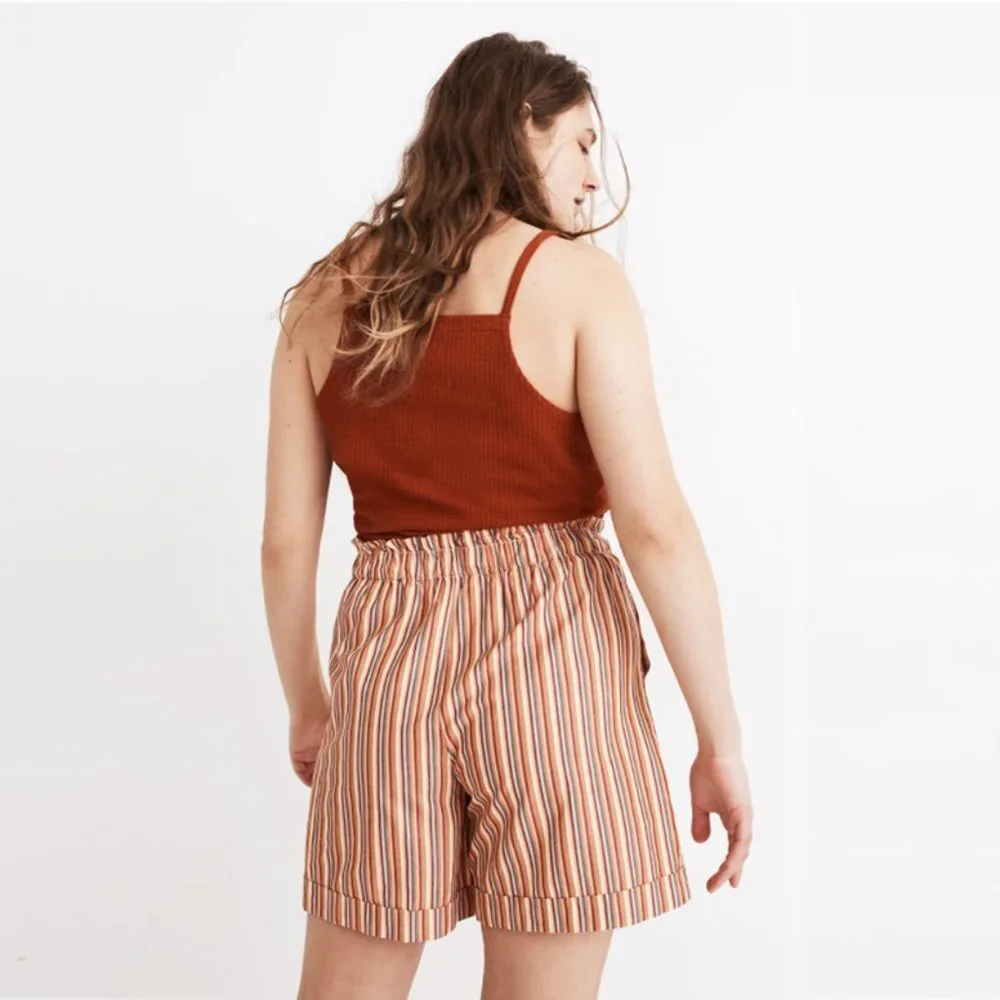 MADEWELL High Waisted Paperbag Shorts in May Rain Stripe Classic Coral